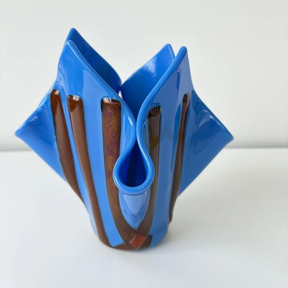 Vintage Murano Style Blue Handkerchief Art Glass Vase Copper Aventurine Stripes